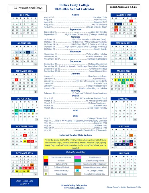 Stokes Early College 2026–2027 Academic Calendar