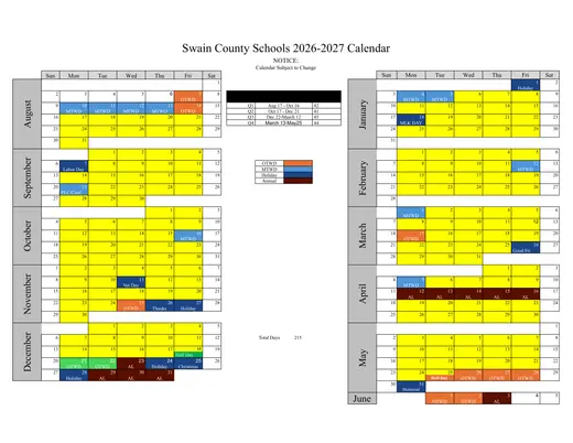 Swain County Schools 2026–2027 Academic Calendar Page 1
