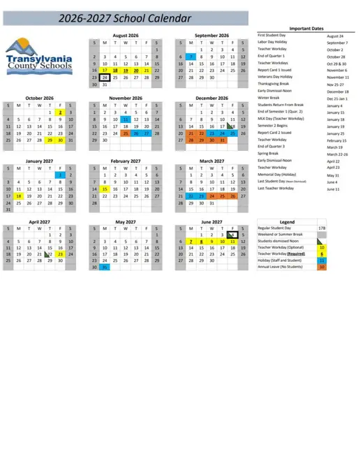 Transylvania County Schools 2026–2027 Academic Calendar