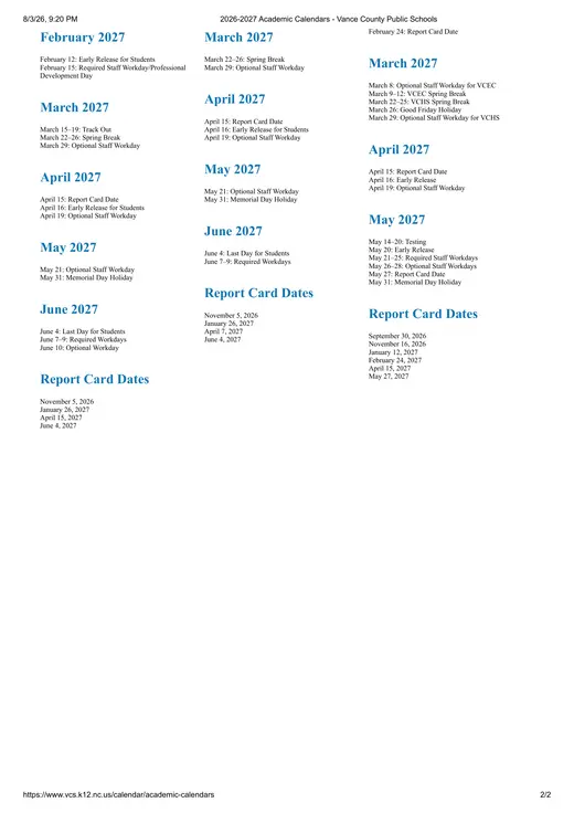 Vance County Public Schools 2026–2027 Academic Calendar Page 2
