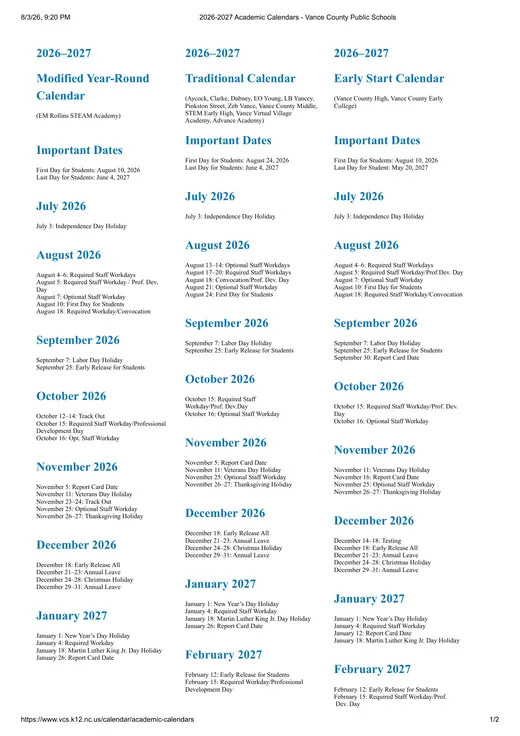 Vance County Public Schools 2026–2027 Academic Calendar Page 1