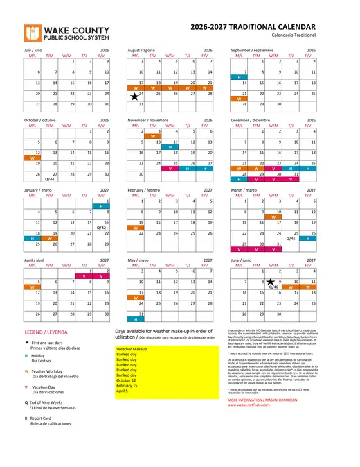 Wake County Public School System 2026–2027 Academic Calendar Page 1