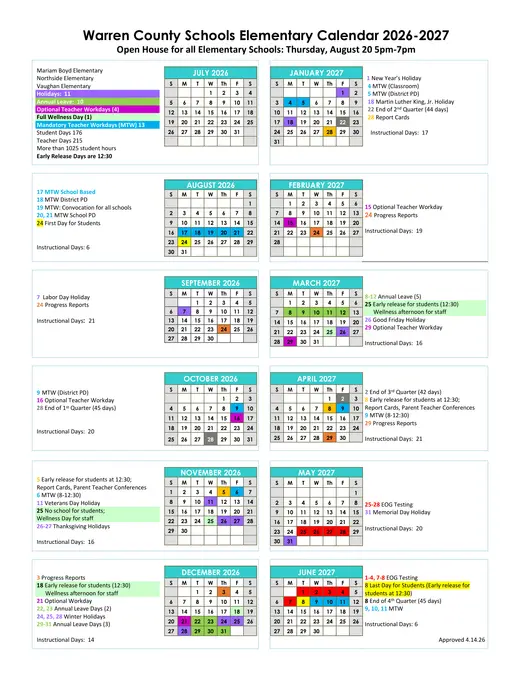 Warren County Schools Elementary 2026–2027 Academic Calendar Page 1