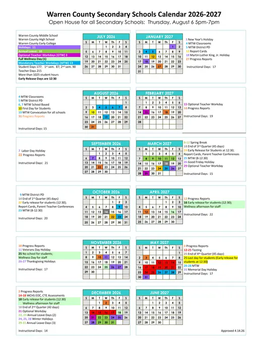 Warren County Secondary Schools 2026–2027 Academic Calendar Page 1