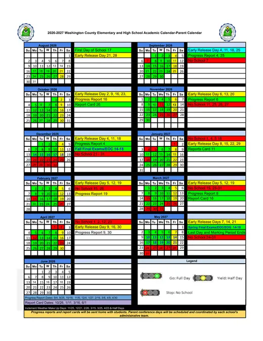 Washington County Elementary and High School 2026–2027 Academic Calendar Page 1