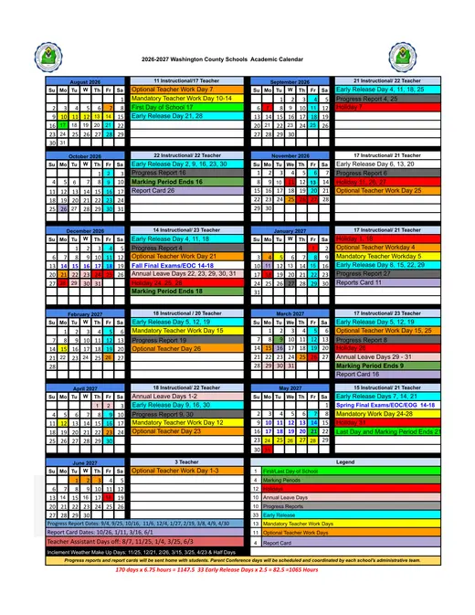 Washington County Schools 2026–2027 Academic Calendar Page 1