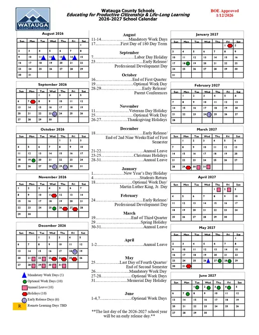 Watauga County Schools 2026–2027 Academic Calendar