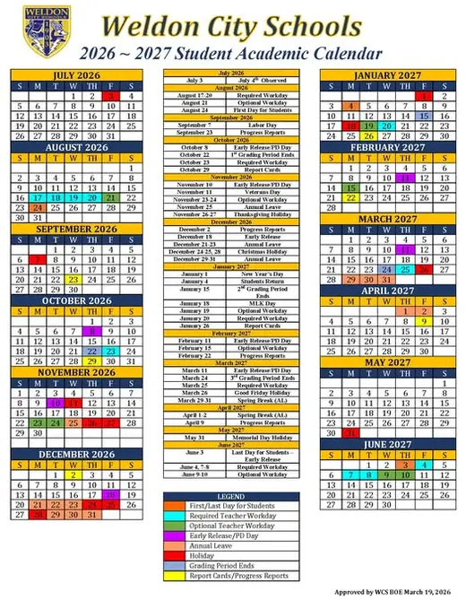 Weldon City Schools 2026–2027 Academic Calendar Page 2