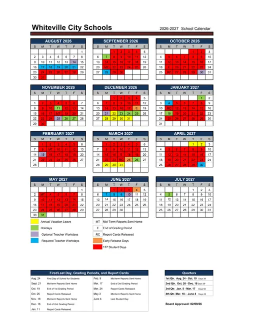 Whiteville City Schools 2026–2027 Academic Calendar Page 1
