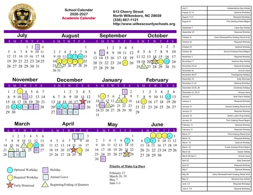 Wilkes County Schools 2026–2027 Academic Calendar