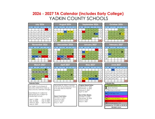 Yadkin County Schools 2026–2027 Academic Calendar