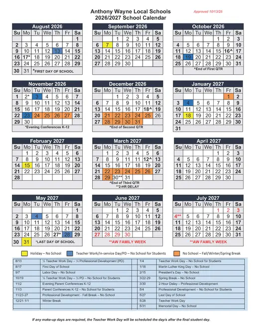 Anthony Wayne Local Schools 2026–2027 Academic Calendar Page 1