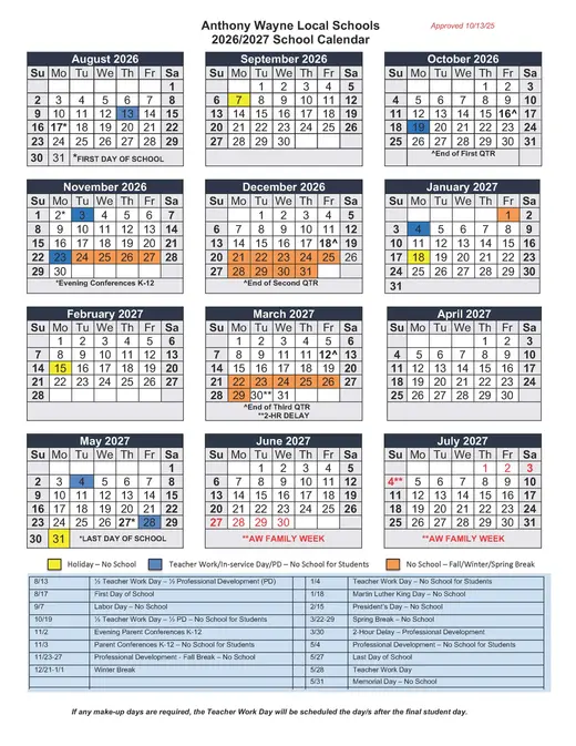 Anthony Wayne Local Schools 2026–2027 Academic Calendar Page 2