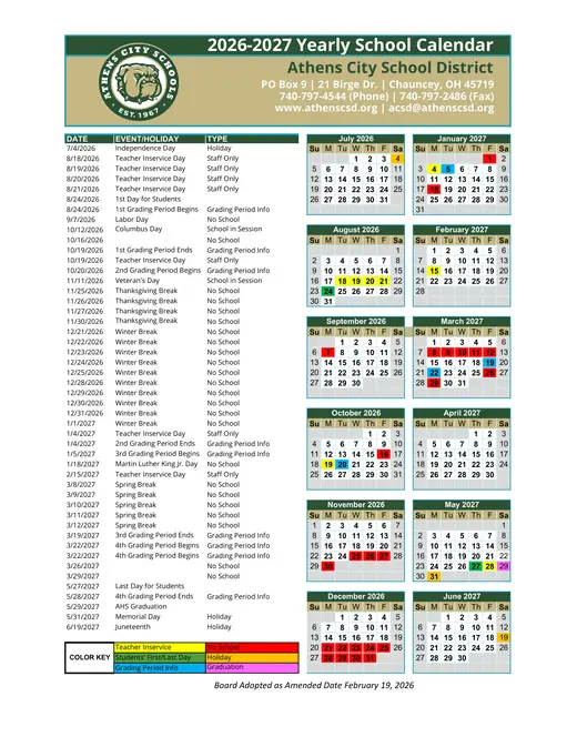 Athens City School District 2026–2027 Academic Calendar