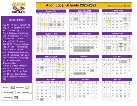 Avon Local Schools 2026–2027 Academic Calendar