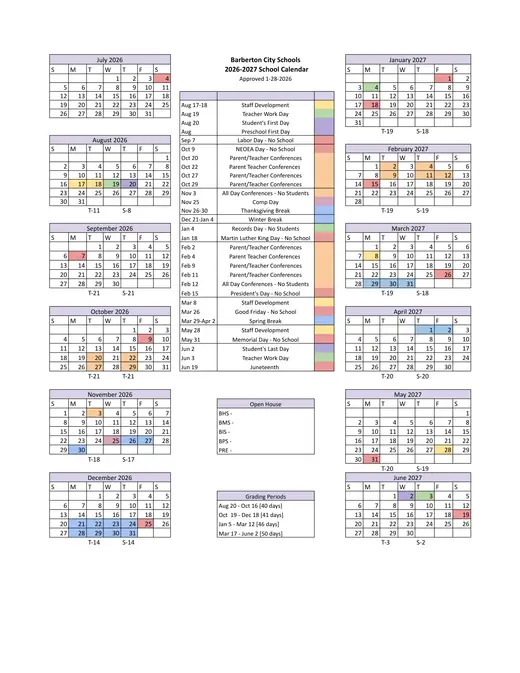 Barberton City Schools 2026–2027 Academic Calendar