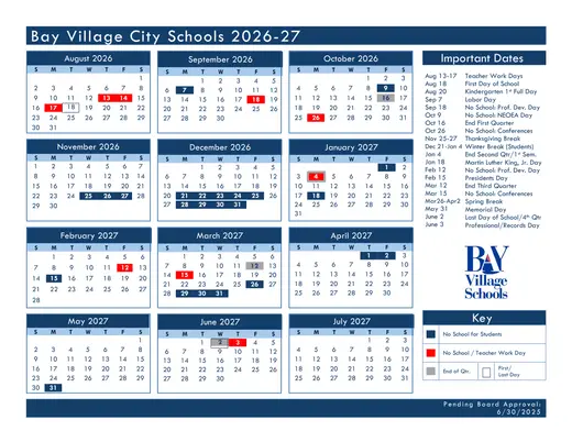 Bay Village City Schools 2026–2027 Academic Calendar