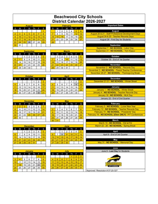 Beachwood City Schools 2026–2027 Academic Calendar