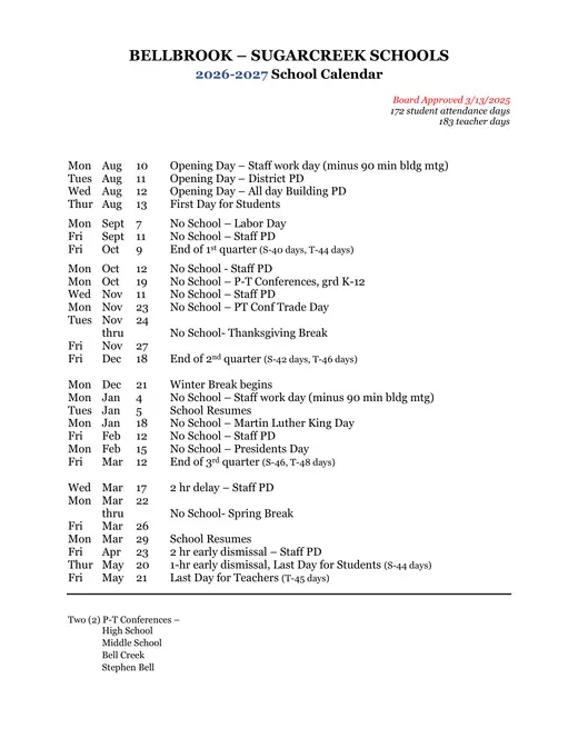 Bellbrook-Sugarcreek Schools 2026–2027 Academic Calendar