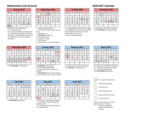 Bellefontaine City Schools 2026–2027 Academic Calendar Page 1