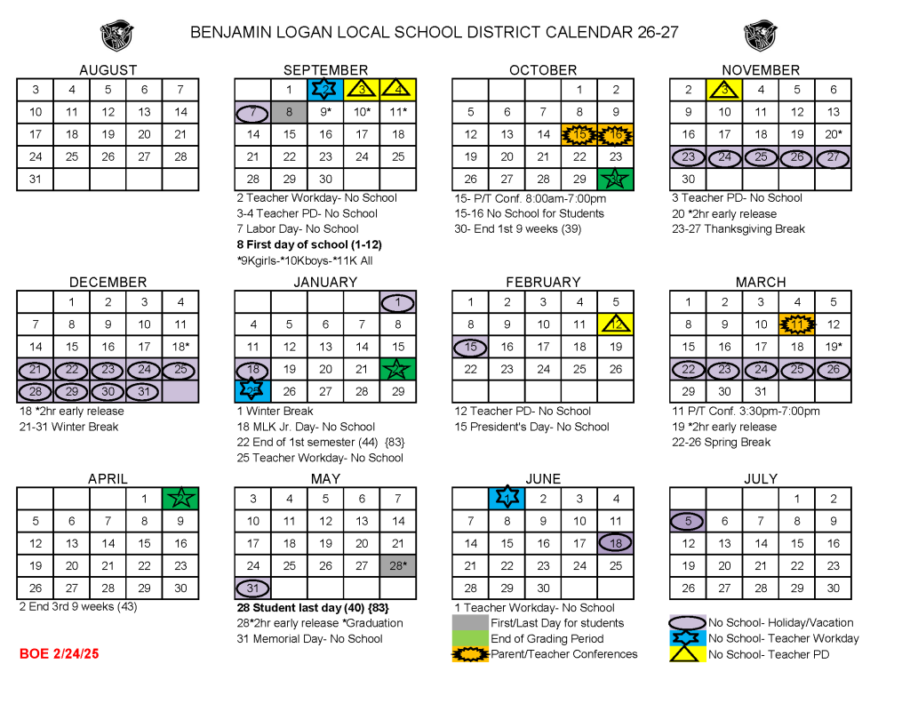 BENJAMIN LOGAN LOCAL SCHOOL DISTRICT 2026–2027 Academic Calendar Page 2