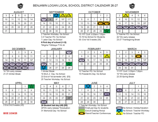 Benjamin Logan Local School District 2026–2027 Academic Calendar Page 2