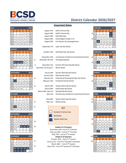 Berea City School District 2026–2027 Academic Calendar