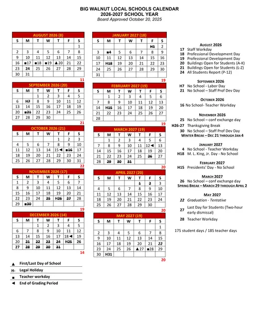 Big Walnut Local Schools 2026–2027 Academic Calendar