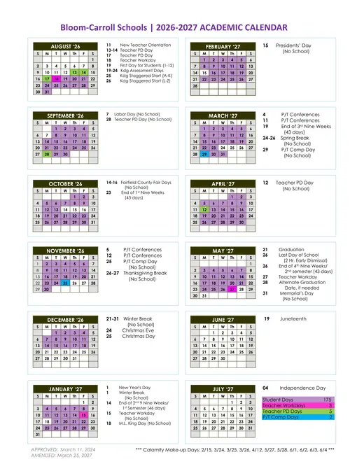 Bloom-Carroll Local School District 2026–2027 Academic Calendar Page 2