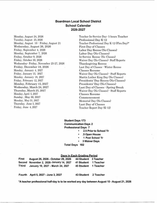Boardman Local School District 2026–2027 Academic Calendar Page 2