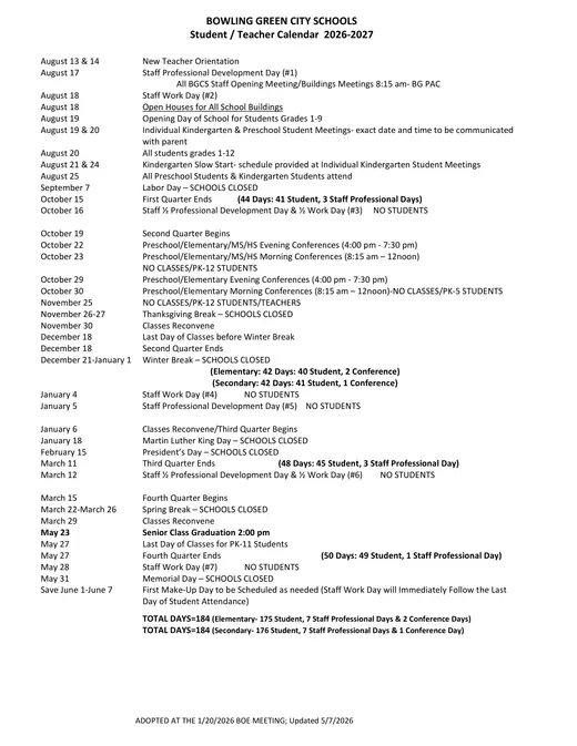 Bowling Green City Schools 2026–2027 Academic Calendar