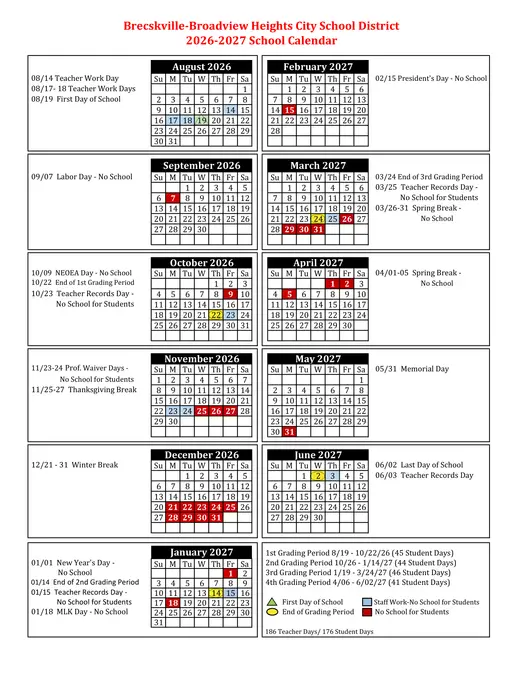 Brecksville-Broadview Heights City School District 2026–2027 Academic Calendar