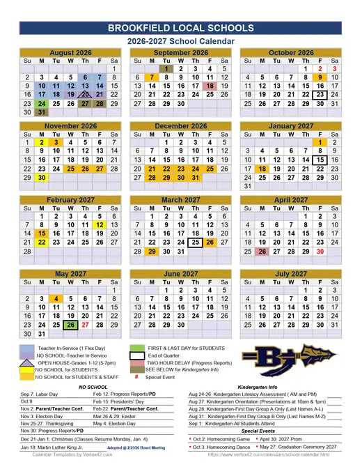 Brookfield Local Schools 2026–2027 Academic Calendar Page 1