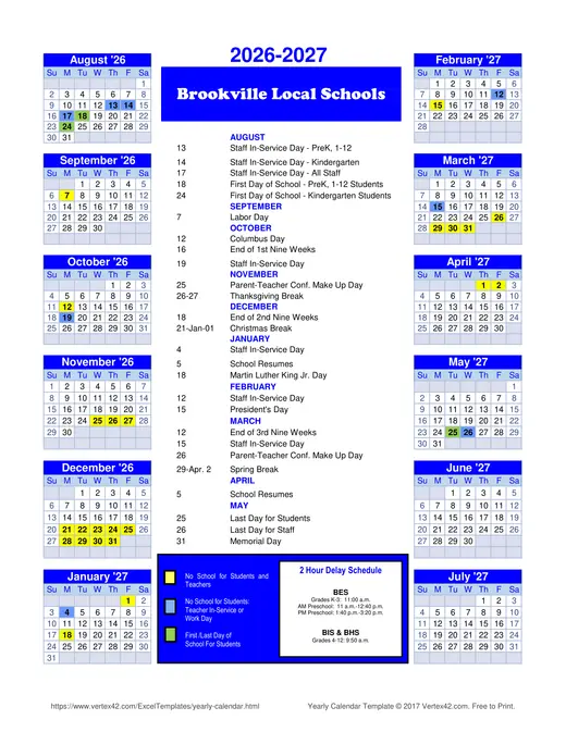 Brookville Local Schools 2026–2027 Academic Calendar