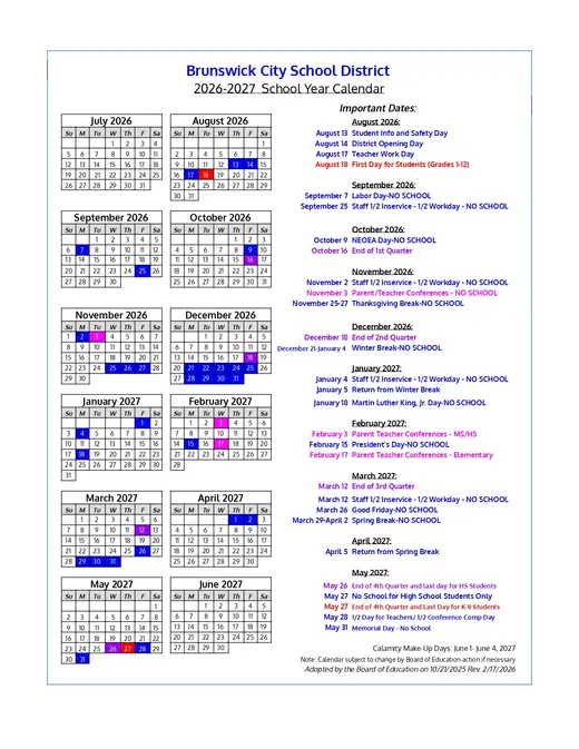 Brunswick City School District 2026–2027 Academic Calendar