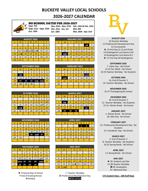 Buckeye Valley Local Schools 2026–2027 Academic Calendar