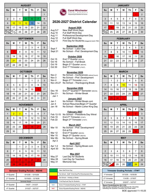 Canal Winchester Local Schools 2026–2027 Academic Calendar
