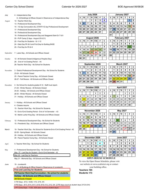 Canton City School District 2026–2027 Academic Calendar