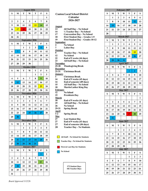 Canton Local School District 2026–2027 Academic Calendar