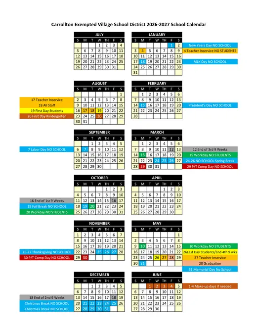 Carrollton Exempted Village School District 2026–2027 Academic Calendar