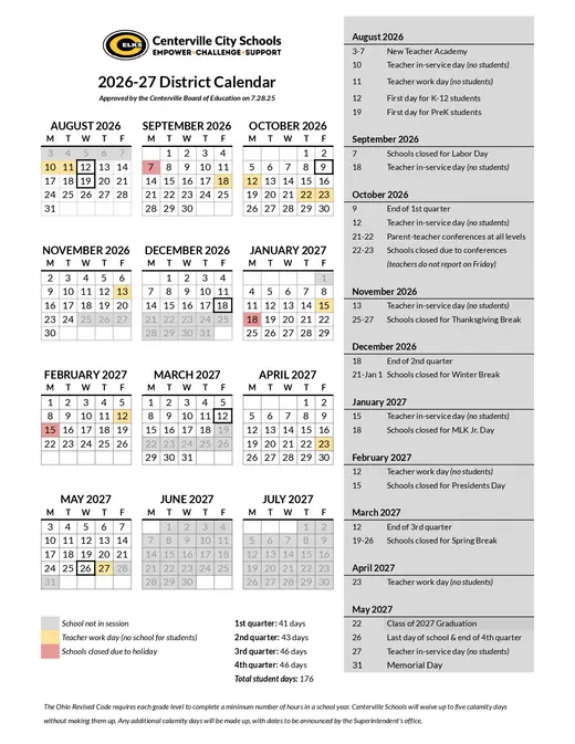 Centerville City Schools 2026–2027 Academic Calendar