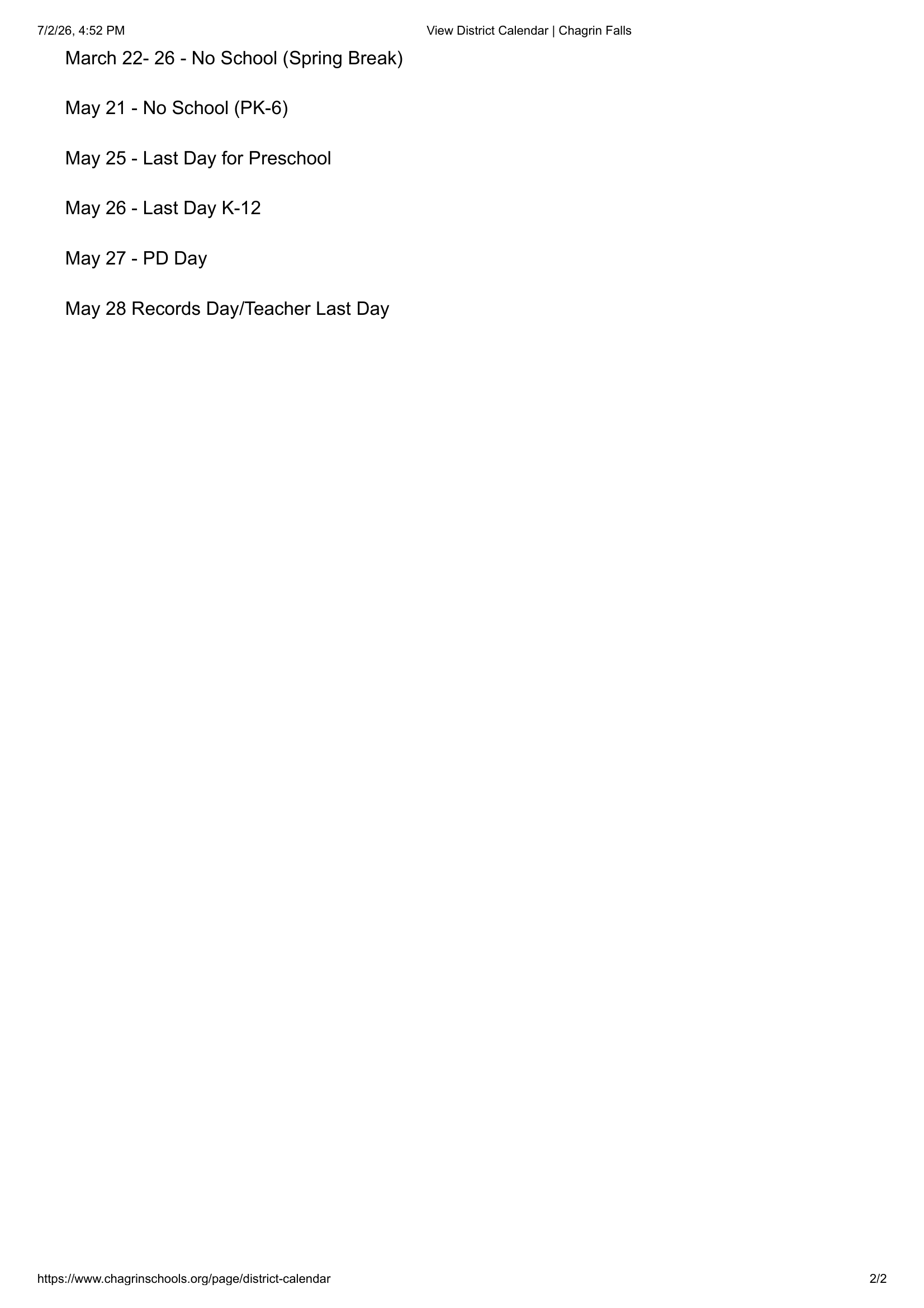 Chagrin Falls 2026–2027 Academic Calendar Page 2