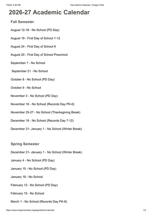 Chagrin Falls 2026–2027 Academic Calendar Page 1