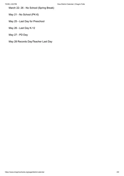 Chagrin Falls 2026–2027 Academic Calendar Page 2