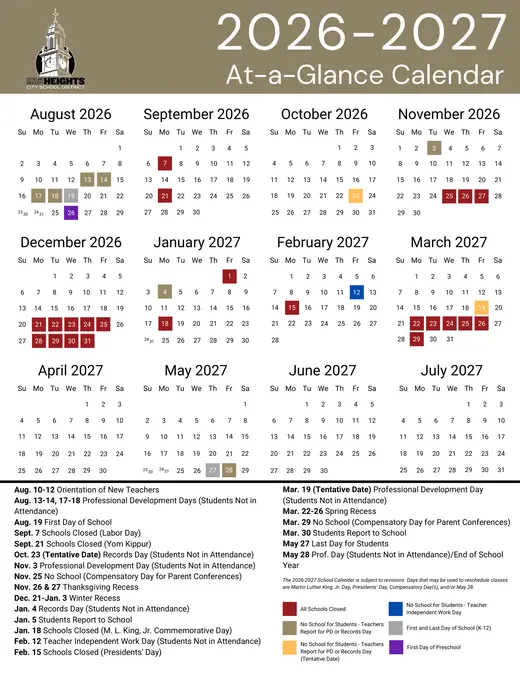 Cleveland Heights-University Heights City School District 2026–2027 Academic Calendar
