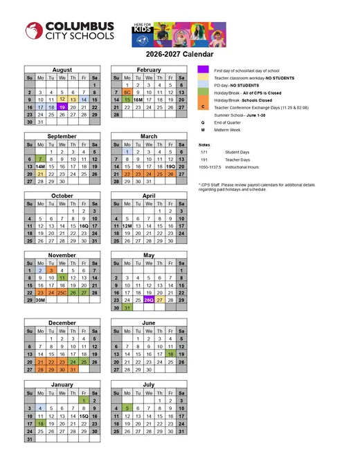 Columbus City Schools 2026–2027 Academic Calendar Page 1