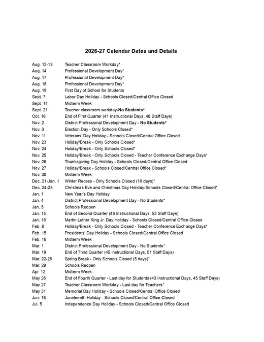 Columbus City Schools 2026–2027 Academic Calendar Page 2
