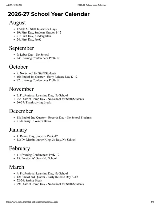 Cuyahoga Falls City School District 2026–2027 Academic Calendar Page 1