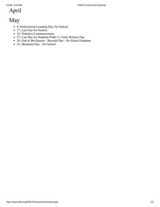 Cuyahoga Falls City School District 2026–2027 Academic Calendar Page 2