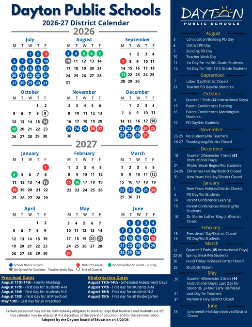 Dayton Public Schools 2026–2027 Academic Calendar